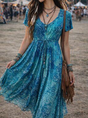 Bila Dress Women's Large Blue Peasant Bohemian Midi Floral Festival Boho Hippie